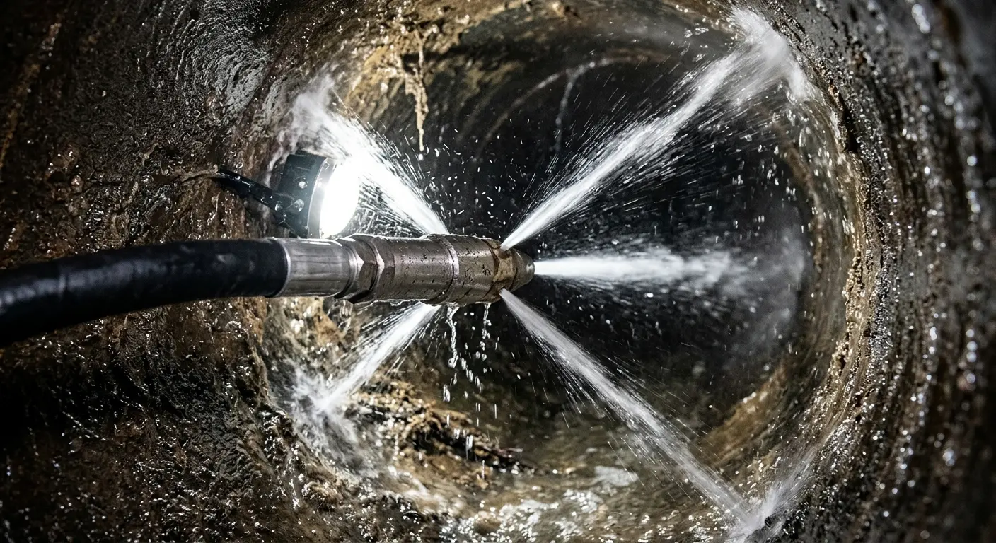 High-pressure hydro jetting nozzle cleaning sewer pipe for Emergency Drain Service in Whispering Pines