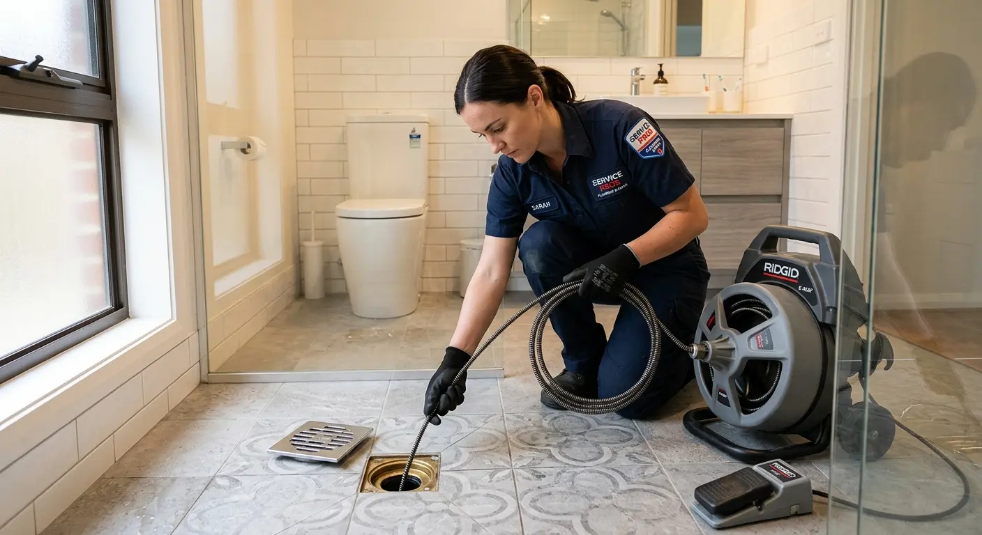 Technician clearing a bathroom floor drain for Drain Cleaning in Whispering Pines